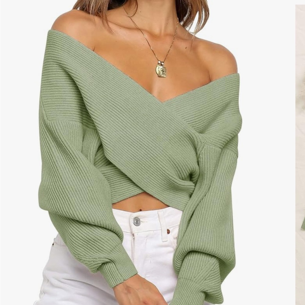 Elegant Sage Off-Shoulder Sweater